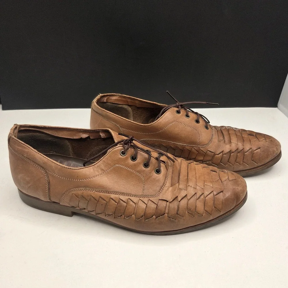 Vintage Woven Leather Oxfords 9.5 Brown Huarache Lace Up Brazil Shoes H3